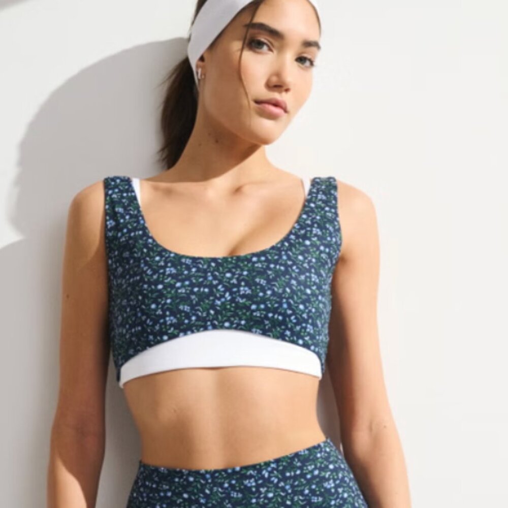 Abercrombie & Fitch Navy Floral Scoop Sports Bra with White Band